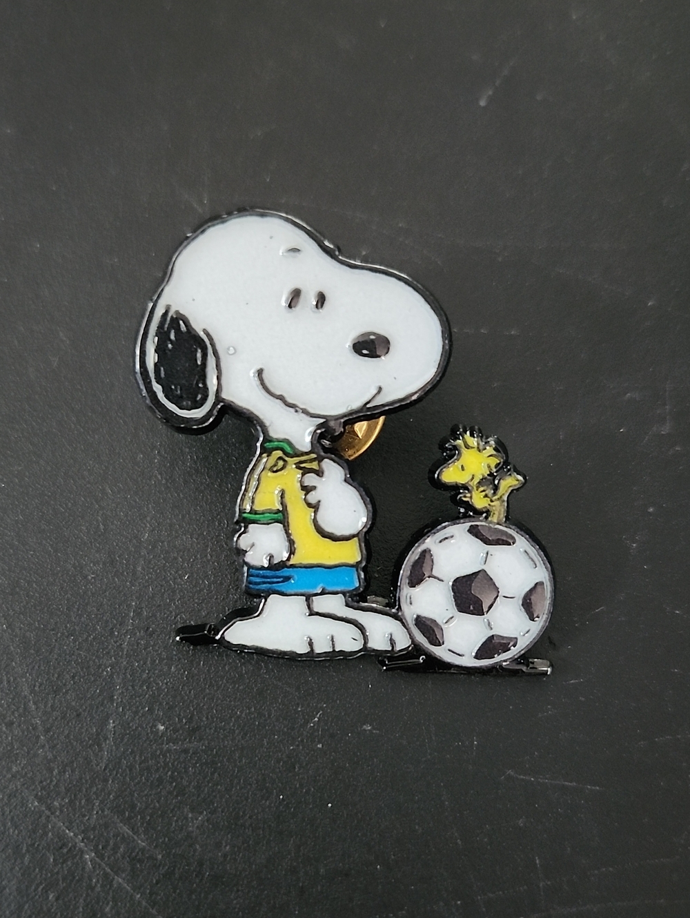 Peanuts Snoopy & Woodstock Soccer Enamel Pin - White, Yellow, Blue
